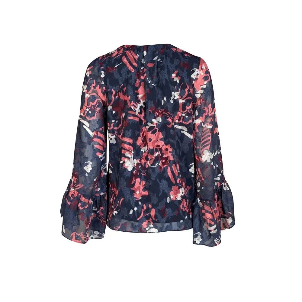 Tanya Taylor - Navy & Coral Print Long Sleeve Harmony Top Sz M